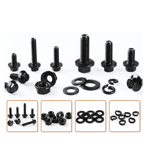 280 Piece Black Hex Bolts Nuts Washers Set M6x1.0 M8x1.25 M10x1.5 Built To Last Hardware Fasteners Kit, various components displayed