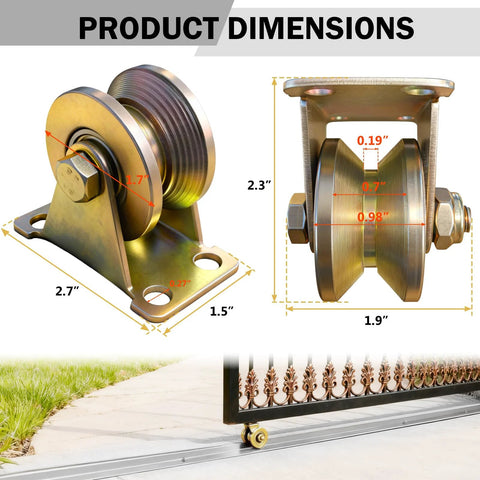 heavy duty v groove gate casters with dimensions shown