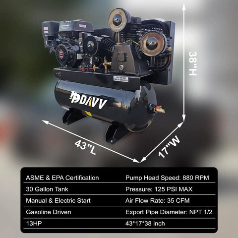Heavy Duty Gas Piston Air Compressor 13HP 44CFM 30 Gal Tank 125PSI For Industrial Use showcasing 30-gallon tank and specs.