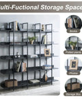 Five Tier Open Bookcase With Industrial Steel Frame And MDF Shelves displaying books, plants, and decor items in living room.