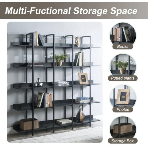 Five Tier Open Bookcase With Industrial Steel Frame And MDF Shelves displaying books, plants, and decor items in living room.
