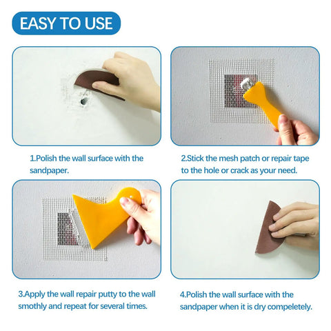 Instructions for using Wall Patch Kit 8.5 Oz Repair Paste With 4 Aluminum Patch Discs Scrapers And Sanding Pad Easy Fix