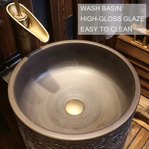 Heavy Duty Ceramic Pedestal Bathroom Sink And Vessel Combo Includes Faucet Drain And Handy Shelf Space Built Tough For Indoor Outdoor Use With Easy Peasy Plumbing Install glossy wash basin with brass faucet in rustic setting