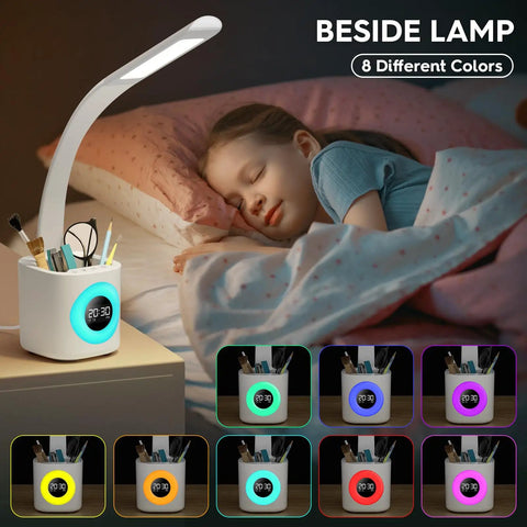 Child sleeping beside Upgraded 10W USB Desk Lamp With Clock Pen Holder Timer And Ambient Color Night Light, glowing in blue.