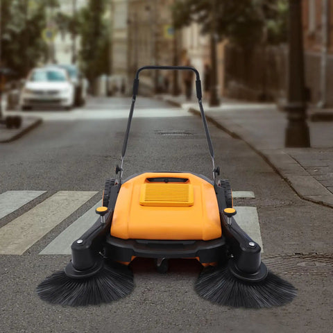 Heavy Duty Walk Behind Commercial Sweeper 41 Inches Wide Hand Push Floor Cleaner 14 Gallon Bin on sidewalk clearing debris.