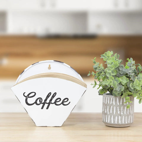 Enamelware Coffee Filter Holder Wall Mount Cone Shaped White Vintage Farmhouse Style Filter Storage Container with distressed finish and black lettering