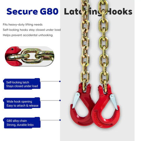 G80 Grade Two Leg Chain Sling With Grab Hooks 5 16 In By 5 Ft 4400 Lb Working Load Limit Zinc Plated Alloy Steel Rigging Gear with secure latching hooks.