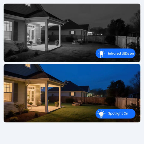 5MP 5X Zoom Auto Track Security Camera night vision demo with flood lights on and off, illuminating a house exterior view