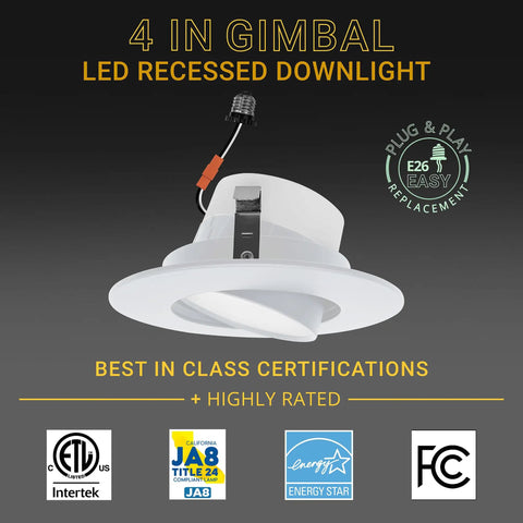 4 Inch Gimbal LED Recessed Can Light For Sloped Ceilings, Dimmable 750LM Output, 5 CCTs 2700K To 5000K, Aluminum Trim, Certifications