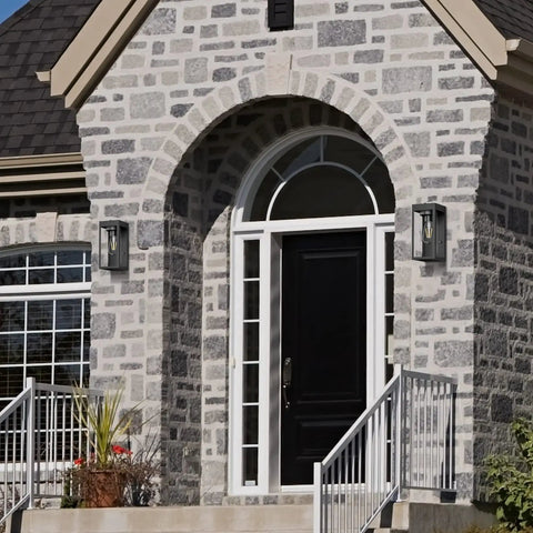Dusk To Dawn Outdoor Wall Lanterns For Exterior Black Sensor Porch Lights with clear glass on stone house entryway