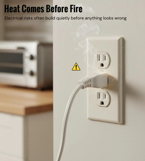Smoke above outlet with warning symbol, illustrating risk before using Nine Pack Heat Activated Fire Suppression Patches for Outlets.