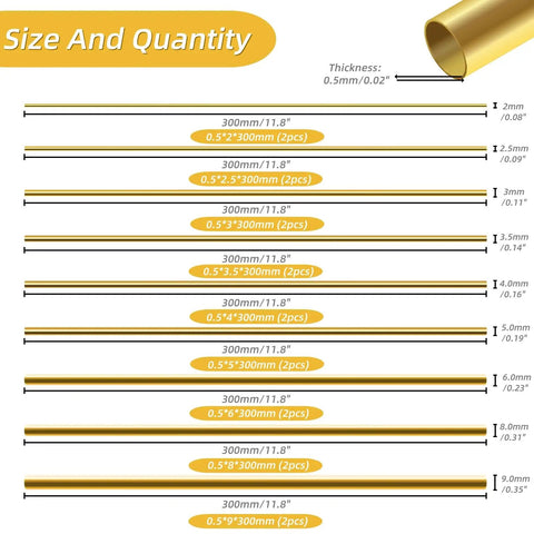 18 Pack Brass Round Tube Set For Modeling Hobbyists 9 Sizes Seamless Straight Tubes High Strength Metal Tubing 2mm Through 9mm OD