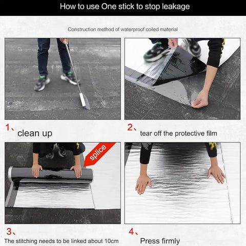 Step-by-step use of Heavy Duty Roofing Flashing Tape With Self Adhesive Aluminum Foil for waterproof sealing application.