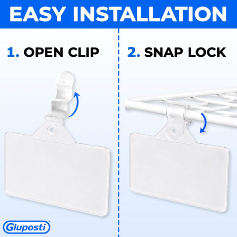 Keep Your Pantry Looking Crisp With These Ridiculously Sweet Clear Wire Shelf Label Holders For Home Organization And Retail Displays Featuring Reusable Clip On Pockets For Adhesive Tags Measuring 3 By 1.25 Inches Tall, demonstrating easy installation with clip open and snap lock on wire shelf.