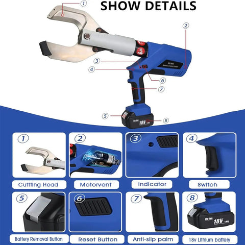 Super Heavy Duty Rechargeable Battery Operated Hydraulic Cable Cutters With Auto Ratchet Feature, close-up view highlighting cutting head and controls.