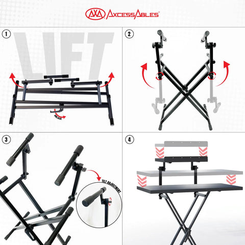 Assembly steps of Two Tier Portable DJ Table Stand for Laptops, MIDI Controllers, Tablets, Sheet Music. Heavy-duty metal stand.
