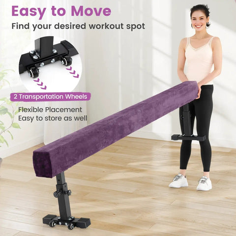 Next Level Gymnastics Training With This Heavy Duty 7.5 Ft Adjustable Balance Beam featuring a woman moving it with wheels.