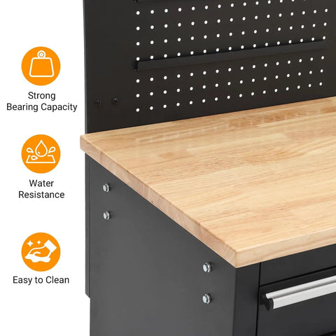 Close-up of 61 Inch Mobile Tool Chest With Nine Drawers Rolling Cabinet, showcasing wooden top, black finish, and drawer handle.