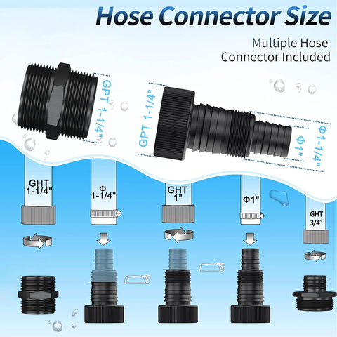 Hose connector sizes for 1HP Submersible Sump Pump With Float Switch Auto And Manual Modes 3500 GPH Stainless Steel Construction Handles Solids