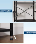 Detail of X supporting bars and adjustable feet on Arched Triple Column Small 4 Tier Bookshelf With Open Display Shelves And Iron Pipe Accents