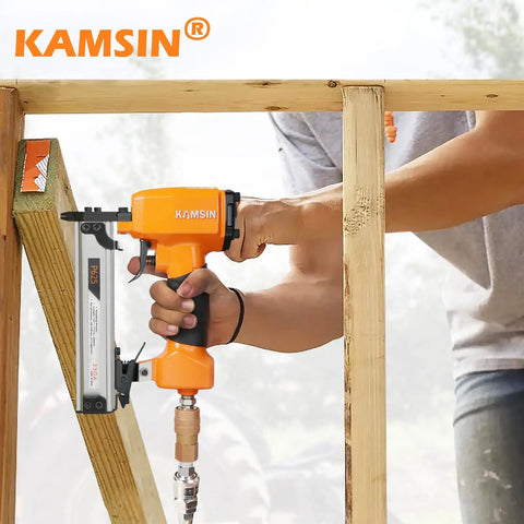 Ultra Lightweight 23 Gauge Pneumatic Pin Nailer for Cabinet And Door Install shown in use with wood frame.