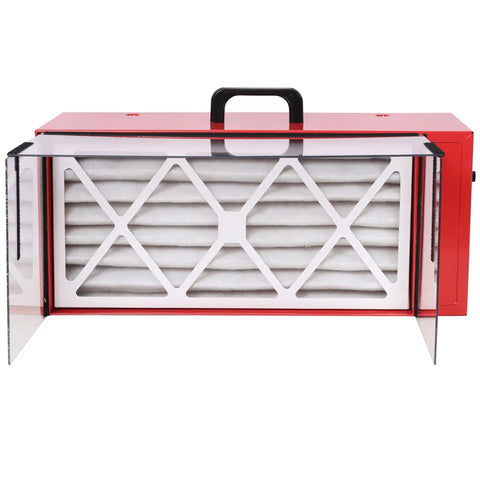 Hella Compact Tabletop Dust Collector Featuring Smart Dual Layer Air Filtration with visible HEPA filter inside a red casing.