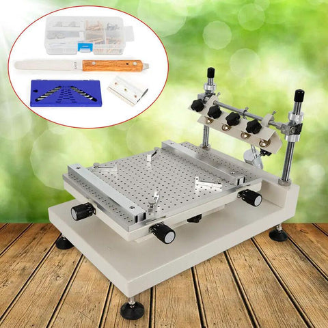 Manual Solder Paste Printer for PCB SMT Stencil Printing, adjustable height 300x400mm work area, displayed on wooden surface