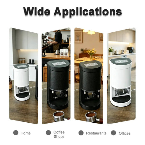 Automatic Digital Espresso Tamper Fits Standard 58mm Portafilter shown in various settings like home and coffee shops.
