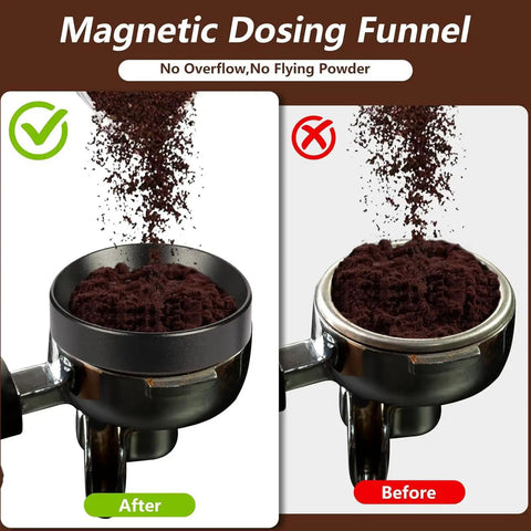 Magnetic Dosing Funnel showing before and after coffee ground distribution; ideal for precision tamping in espresso preparation.