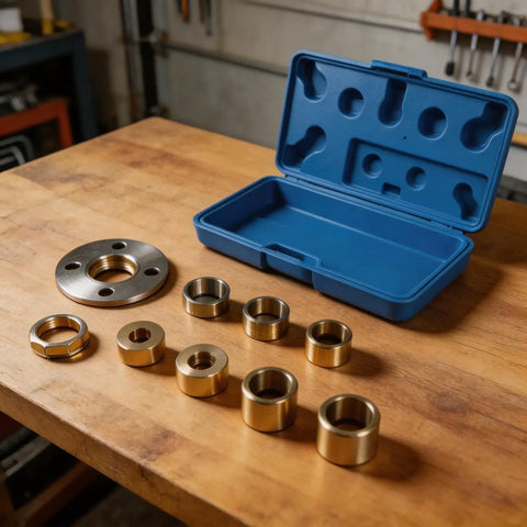 Rock Solid Brass Router Guide Bushing Set With Acrylic Base Plate And Dang Accurate Centering Pin Complete Metric Kit For Template Routing Inlay Work Sleek Storage Case Displays ten brass bushings in blue case.