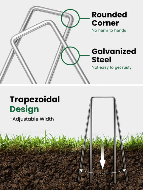 Illustration of 100 Pack Landscape Staples 6 Inch 11 Gauge Beefy Heavy Duty Hot Dip Galvanized Steel Garden Stakes with rounded corners.