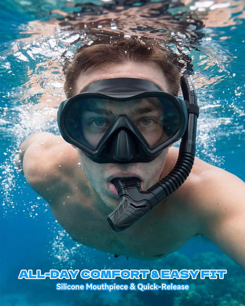 Dry Top Snorkel With Foldable Design And Purge Valve For Adults And Youth No Fuss Snorkeling Gear shown in use underwater