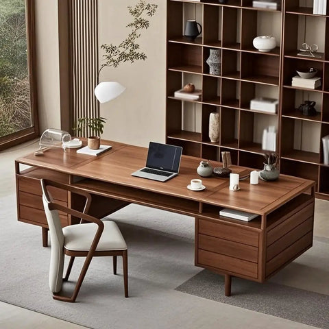 Premium Solid Wood Standing Desk For Home Office Built Damn Tough With Mortise And Tenon Joinery Executive Computer Table view with laptop and decorative plant.