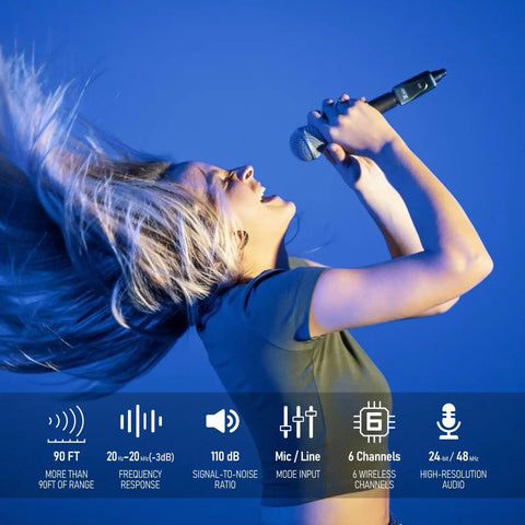 Performer singing with 2.4GHz Wireless Microphone System With XLR Transmitter And Receiver For Dynamic Mics against blue backdrop.