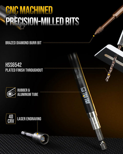 Close-up of precision-milled bits from Heavy Duty S2 Steel Screwdriver Bit Set with Magnetic Drill Bits 42 Piece