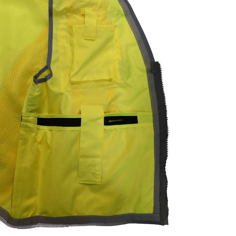 Inner view of SV55 Class 2 Heavy Woven Two Tone Engineer Vest With Padded Neck For Extra Weight showcasing cargo pockets.