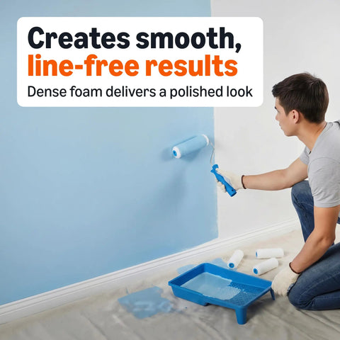 Premium Foam Paint Roller Kit With Four Inch Rollers And Full Eight Cover Set in use, painting a wall with a blue roller.