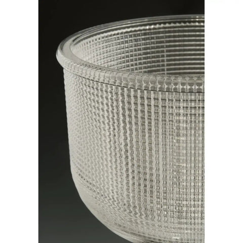 Close-up of the clear prismatic glass shade on a Medium Flush Mount Ceiling Light With Clear Prismatic Glass Shade In Antique Nickel Finish.