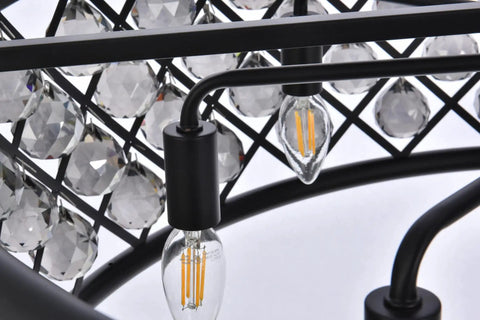 Close-up of Eight Light Crystal Pendant Lamp Mocha Bronze Polished Nickel Ceiling Fixture with clear glass orbs and iron grid.