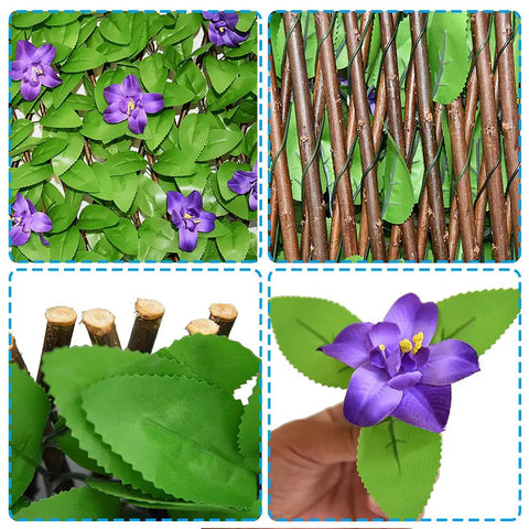 Expandable Faux Ivy Fence Privacy Screen For Balcony And Patio Outdoor Decor With Artificial Hedges, single leaves and purple flowers detail.