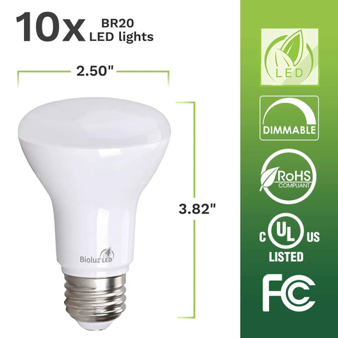 R20 BR20 LED Light Bulbs 6W to 50W Equivalent 3000K Soft White shown with measurements and certification logos