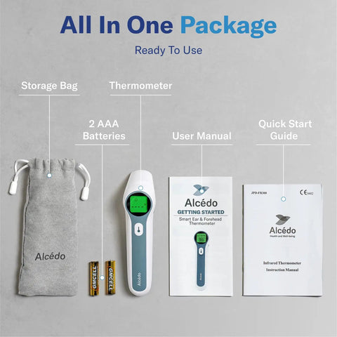 Forehead And Ear Thermometer For Adults Kids And Baby One Push Button Quick Readings Clinically Accurate And Reliable Magnetic Probe Cover Easy To Use Digital Thermometer For The Whole Fam. package with storage bag, 2 AAA batteries, manual, and quick guide
