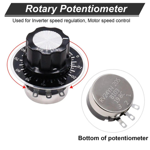 RV24YN20S B502 5K Ohm Single Turn Rotary Potentiometer with black knob and numbered dial, bottom view visible