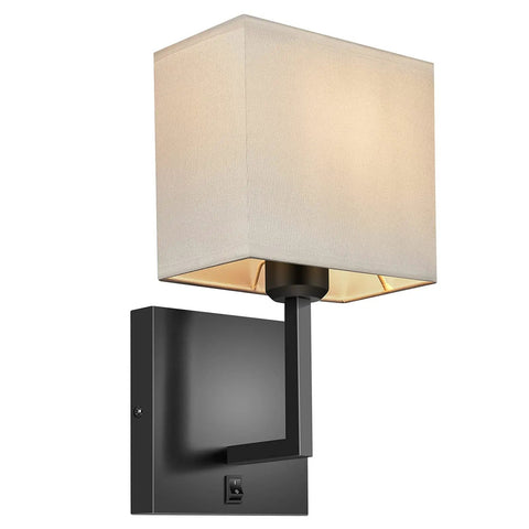 Hardwired Modern White Fabric Wall Sconce Dual Switch On Off Indoor Lighting with two lamps on black rod.