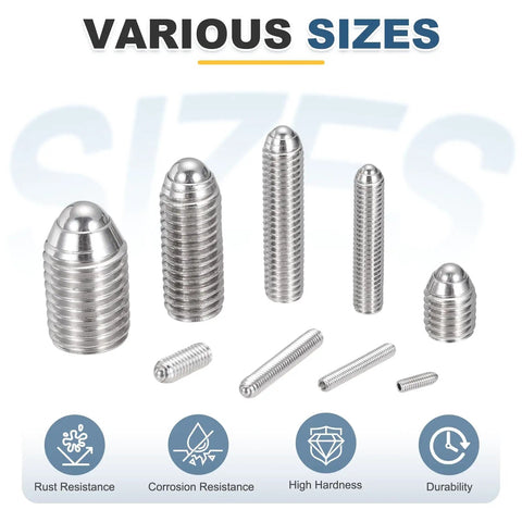 Various sizes of silver ball point set screws in 304 stainless steel with hex socket spring plungers for industrial electronics use.