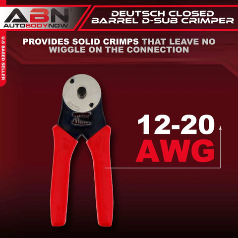 Deutsch Closed-Barrel D-Sub Crimper for 12-20 AWG with Ratcheting Action, red cushioned handles, front view.