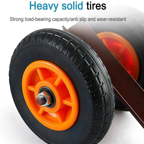 Close-up of heavy solid tires on a Heavy Duty Panel Dolly Cart For Sheet Material Moving With Grip Tough Anti Slip Wheels.