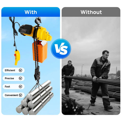 No Sweat Lifting With This 1300W Electric Chain Hoist Winch handling steel rods with wireless remote control.