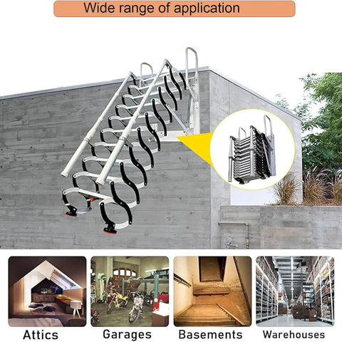 Electric Retractable Attic Ladder Wall Mounted Folding Staircase With Grip Tight Steps Built Tough Alloy Frame Smooth Spring Action for attics and garages.