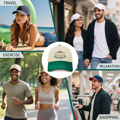 Collage showing RV Pilot Hat For Road Trips And Camper Vacations Dope Outdoors Cap in various casual and outdoor settings